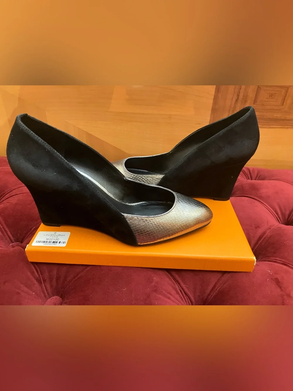 Women’s Two-Tone Black Suede and Metallic Silver Pointed Wedge Pumps